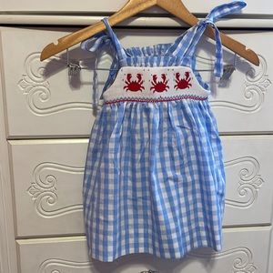 Blue and White Gingham Kids Dress with Crab Embroidery